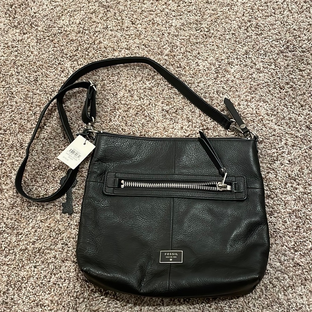 Fossil black leather crossbody purse Dawson top zip nwt